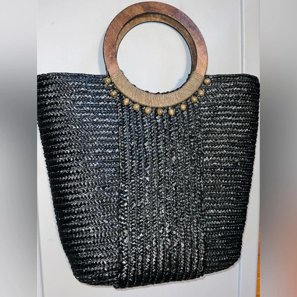 Black Woven Tote Bag with Wooden Handles - Picture 5 of 10
